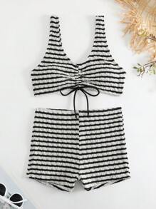 Striped Drawstring Shorts And V Neck Top Bikini Set, For Summer Beach Vacation - Black and White - View 5