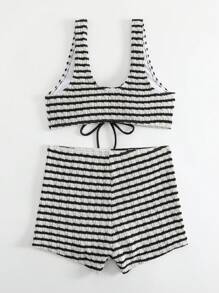 Striped Drawstring Shorts And V Neck Top Bikini Set, For Summer Beach Vacation - Black and White - View 6