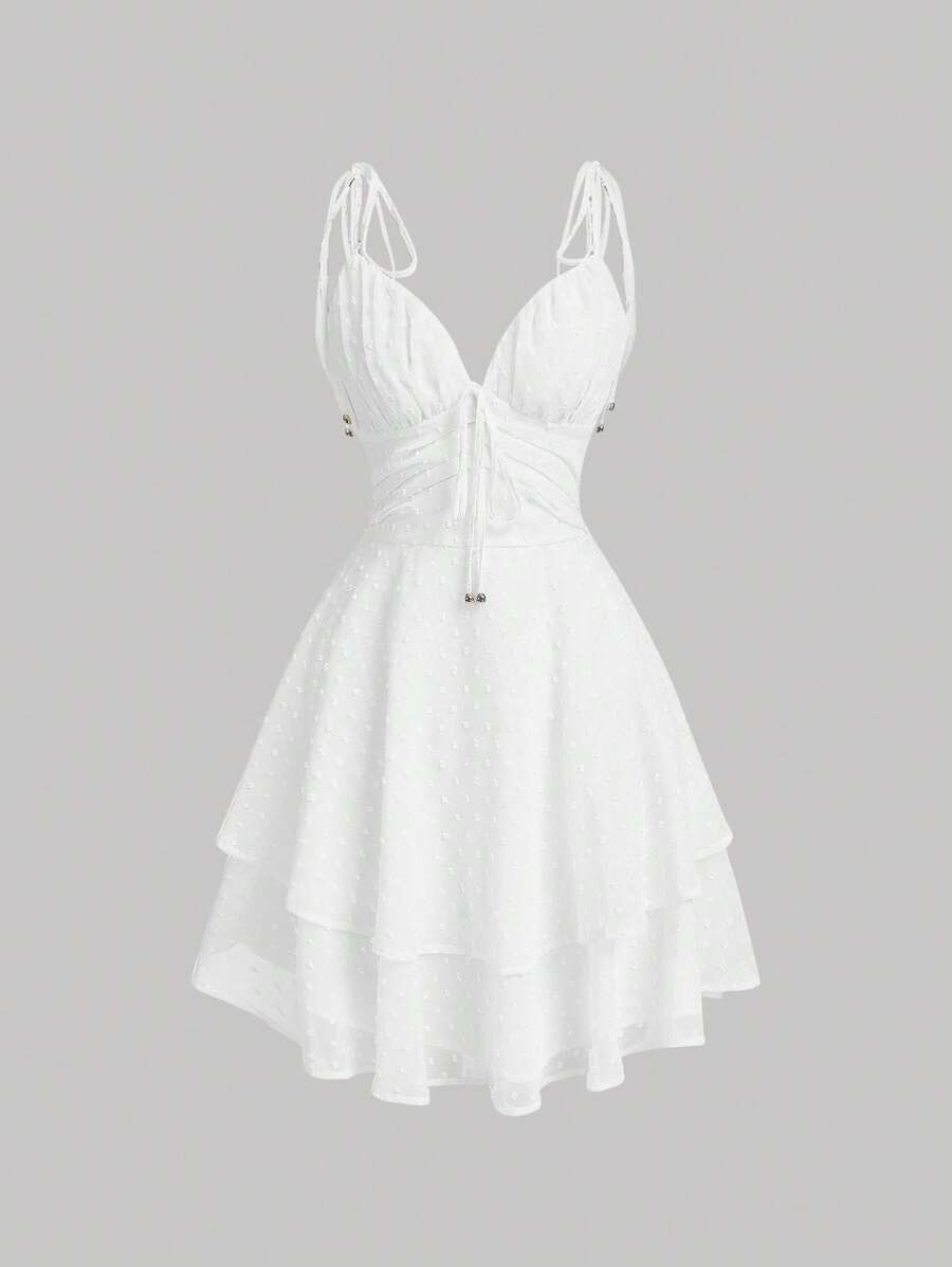 SHEIN MOD Swiss Dot Tie Shoulder Cami Dress,White Graduation Dress - White - View 1