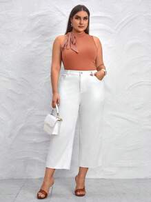 SHEIN Essnce Plus Solid Slant Pocket Wide Leg Jeans - White - View 5