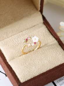 1件玫瑰金蝴蝶花朵装饰真玫瑰戒指首饰，女士款 - 金色 - 查看 3