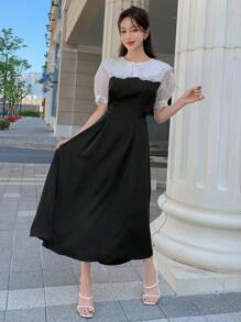 DAZY 撞色泡泡袖假兩件洋裝 - 黑與白 - 查看 4