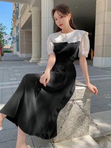 DAZY 撞色泡泡袖假兩件洋裝 - 黑與白 - 查看 5