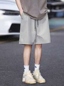 Manfinity Hombres Shorts con bolsillo oblicuo de cintura con cordón - Gris - Ver 4