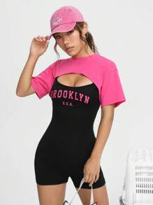 SHEIN EZwear Bộ đồ hai mảnh nữ Lá thư Giải trí - Nhiều màu - Xem 1