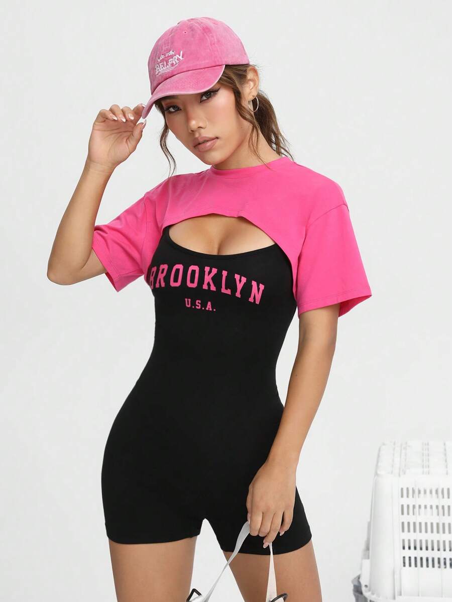 SHEIN EZwear Bộ đồ hai mảnh nữ Lá thư Giải trí - Nhiều màu - Xem 1