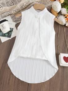 SHEIN Tween Girl Button Front High Low Hem Sleeveless Shirt - White - View 4