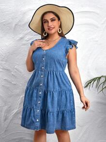 SHEIN Privé 大碼前紐扣荷葉邊牛仔連衣裙 - 中等水洗藍 - 查看 3