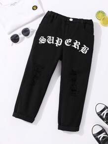 Toddler Boys Letter Graphic Ripped Straight Leg Jeans - Black - View 1