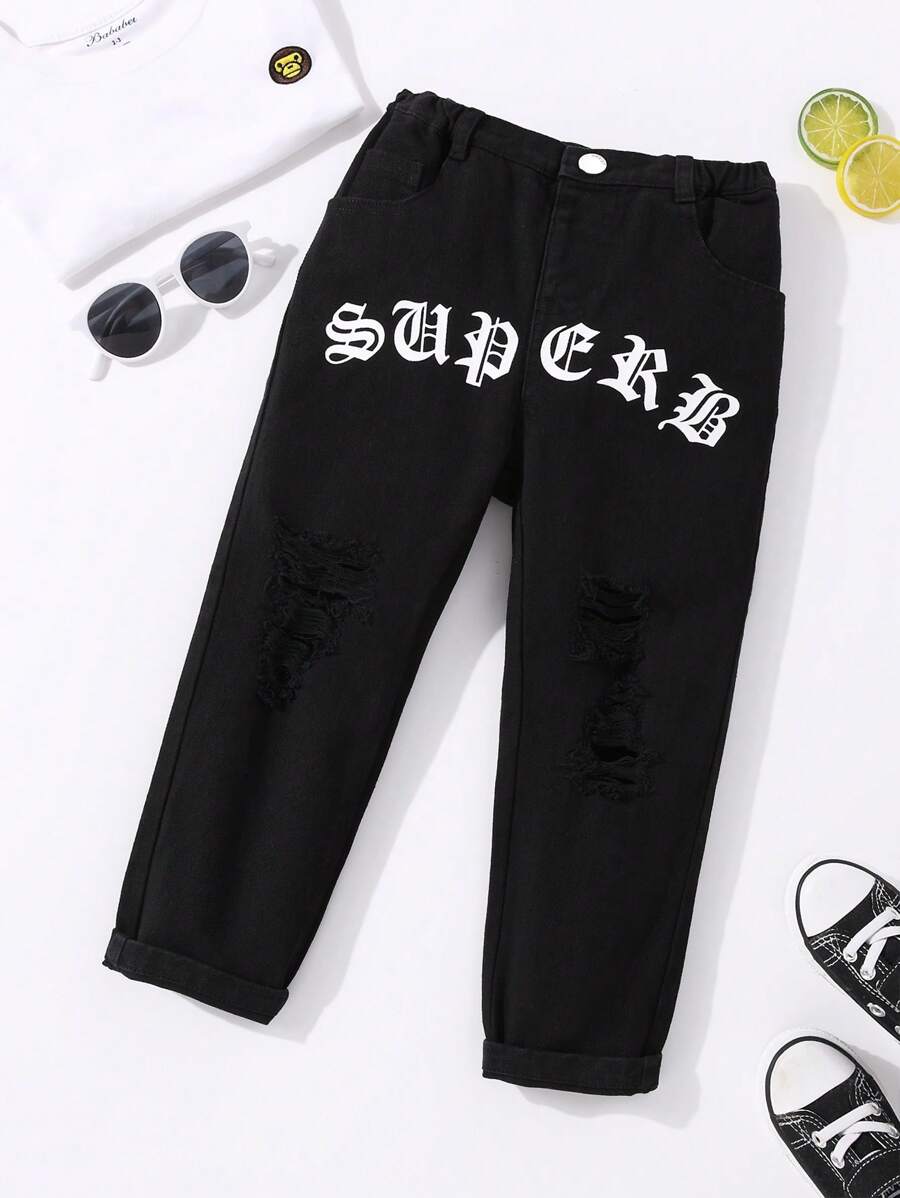 Toddler Boys Letter Graphic Ripped Straight Leg Jeans - Black - View 1