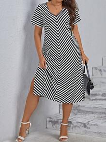 EMERY ROSE Plus Striped Print Tee Dress, Summer,Flower/Vacation/Spring - Black and White - View 6