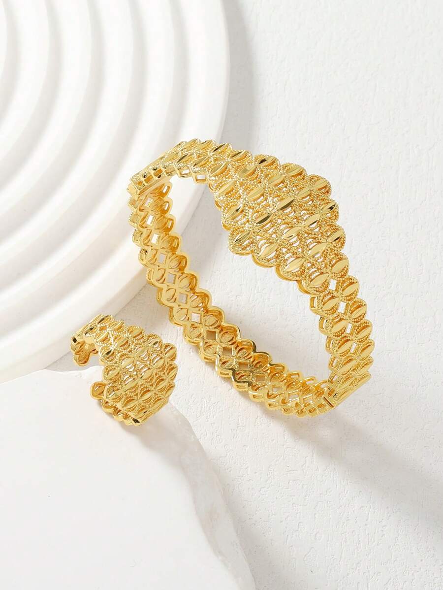 2pcs/set Hollow Out Jewelry Set For Women, Including 1pc Bangle And 1pc Ring - Yellow Gold - View 1