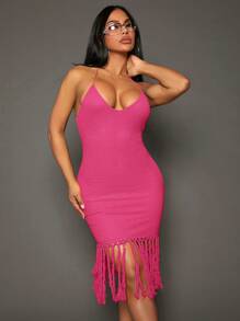 SHEIN SXY 流蘇下擺露背繞頸緊身洋裝 - 粉色 - 查看 1