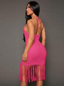 SHEIN SXY 流蘇下擺露背繞頸緊身洋裝 - 粉色 - 查看 2