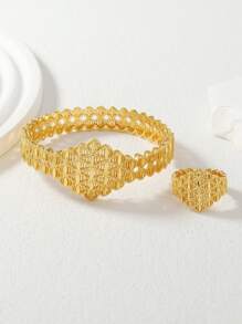 2pcs/set Hollow Out Jewelry Set For Women, Including 1pc Bangle And 1pc Ring - Yellow Gold - View 5