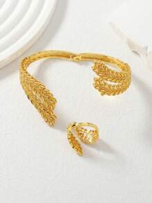 1入組時尚小麥設計開口手鐲和1入組戒指適合女士適用於禮品 - 金黃色 - 查看 2