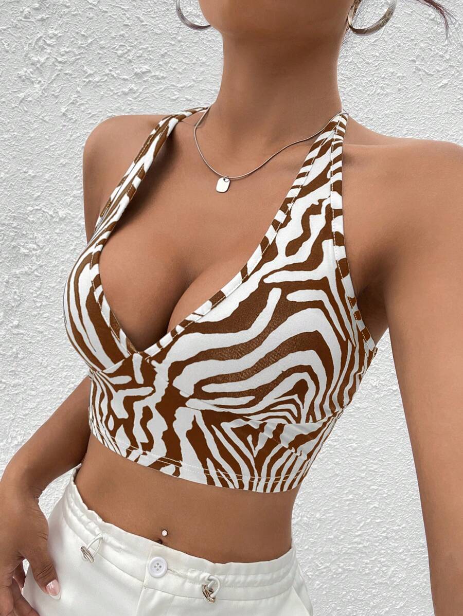 SHEIN EZwear Áo khoác và áo lót dành cho xe tăng nữ Lộ Lưng Sọc ngựa vằn Gợi cảm - Cà phê nâu - Xem 1