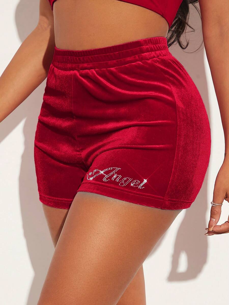 SHEIN SXY 水鑽字母圖案絲絨短褲 - 酒紅色 - 查看 1