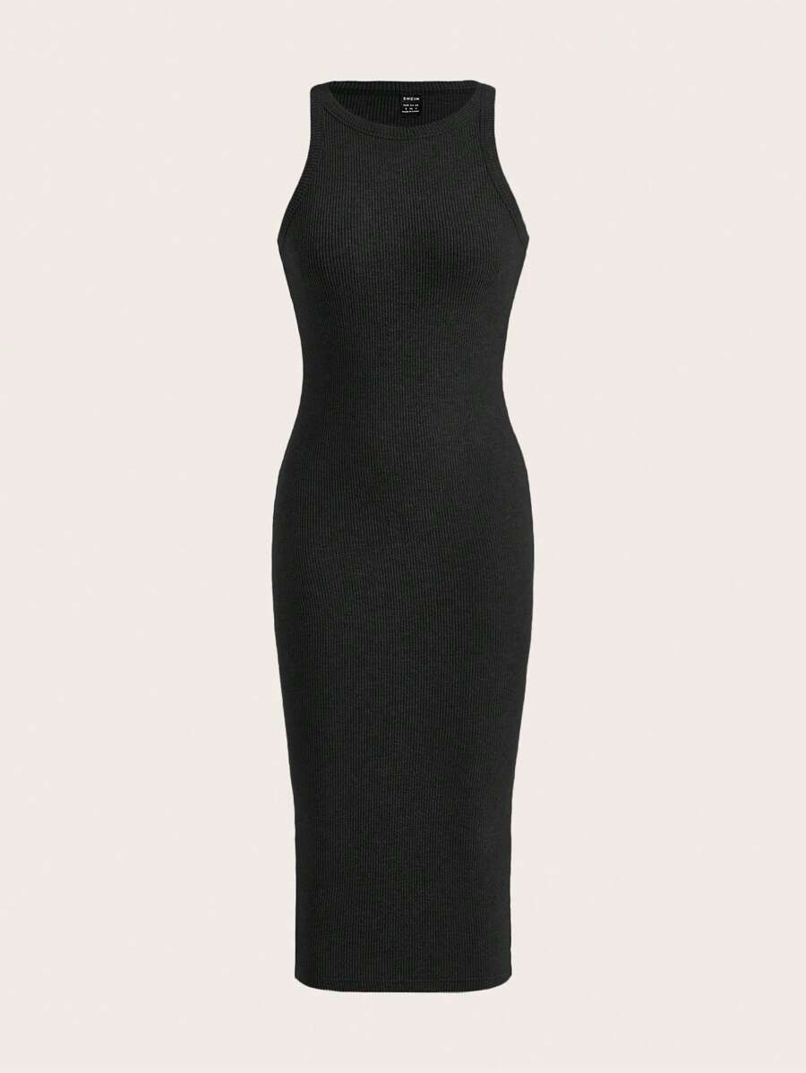 SHEIN EZwear 素色條紋針織緊身洋裝 - 黑色 - 查看 1