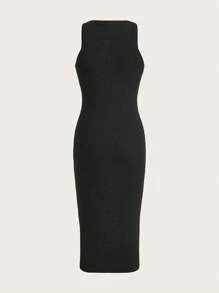 SHEIN EZwear 素色條紋針織緊身洋裝 - 黑色 - 查看 2