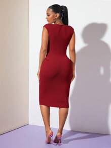SHEIN SXY 素色條紋針織緊身洋裝 - 酒紅色 - 查看 3