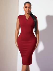 SHEIN SXY 素色條紋針織緊身洋裝 - 酒紅色 - 查看 2