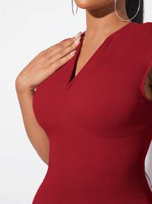 SHEIN SXY 素色條紋針織緊身洋裝 - 酒紅色 - 查看 5