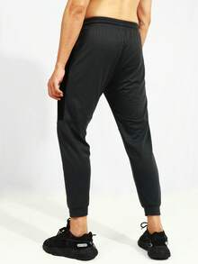 Men Drawstring Waist Slant Pocket Sports Trousers - Black - View 2