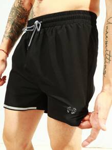 Manfinity Sport Corelite Pantalones cortos deportivos para hombres con cintura con cordón y ribete de contraste, pantalones cortos negros de chándal - Negro - Ver 1