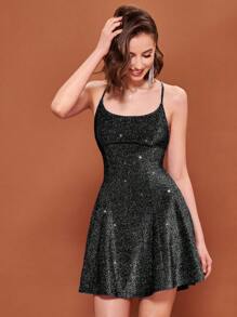 SHEIN BAE Criss Cross Backless Glitter Cami Dress - Black - View 6