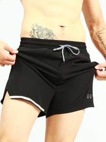 Manfinity Sport Corelite Pantalones cortos deportivos para hombres con cintura con cordón y ribete de contraste, pantalones cortos negros de chándal - Negro - Ver 6