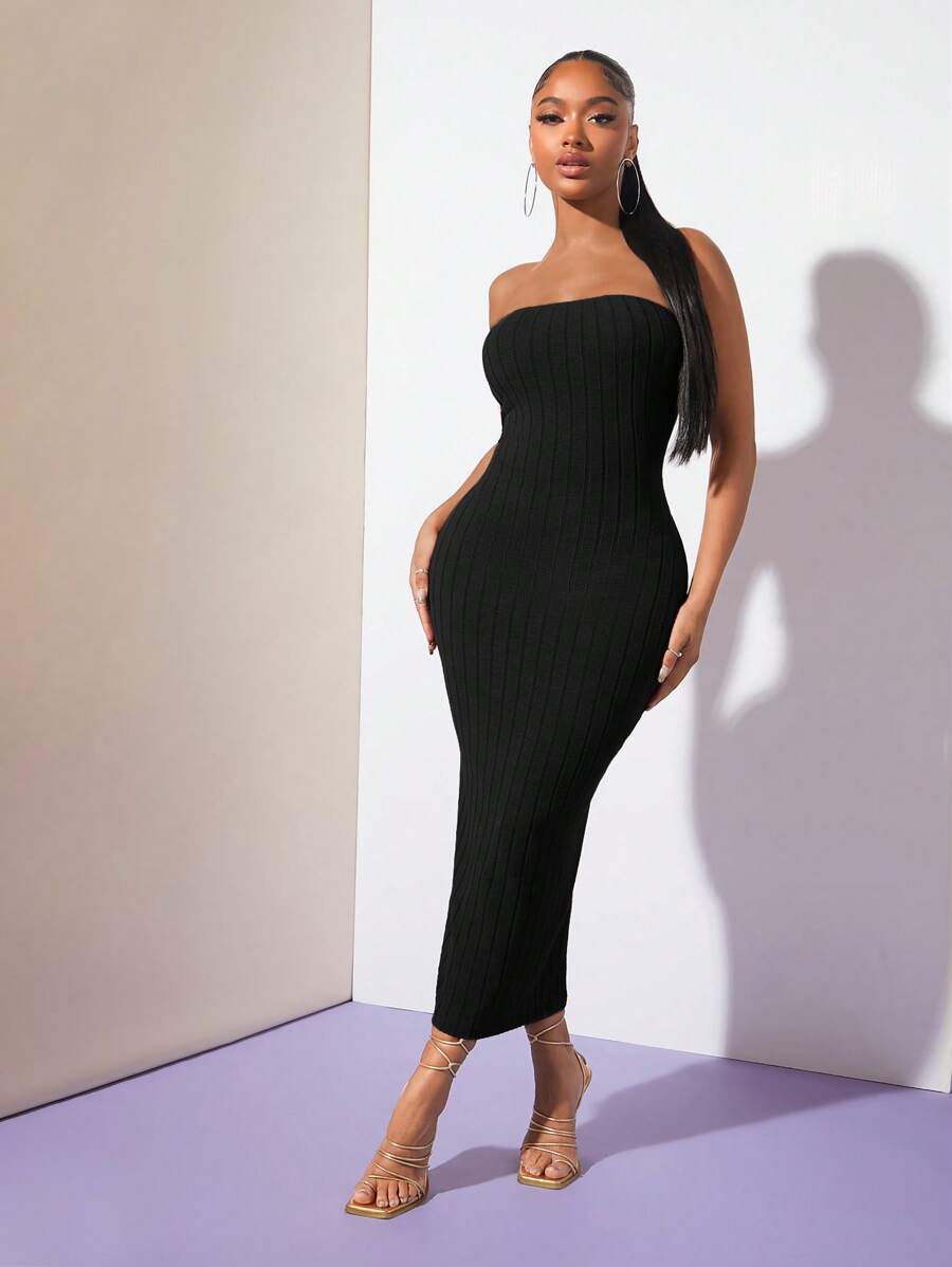 SHEIN SXY Đầm Gân đan màu trơn Giải trí - màu đen - Xem 1
