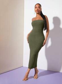 SHEIN SXY Đầm Gân đan màu trơn Thanh lịch - xanh quân đội - Xem 1
