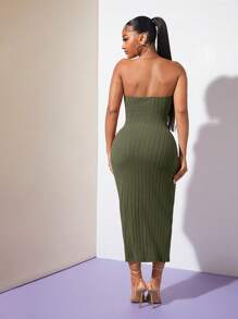 SHEIN SXY Đầm Gân đan màu trơn Thanh lịch - xanh quân đội - Xem 2