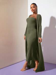 SHEIN SXY Đầm Gân đan màu trơn Thanh lịch - xanh quân đội - Xem 4