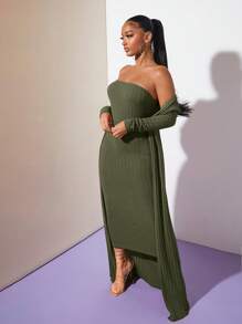 SHEIN SXY Đầm Gân đan màu trơn Thanh lịch - xanh quân đội - Xem 6