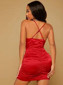 SHEIN SXY Đầm Lộ Lưng Hội Chữ thập Vắt Xù Dây kéo màu trơn Gợi cảm - Đỏ - Xem 1