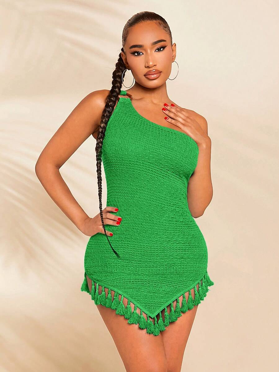 SHEIN SXY 單肩流蘇下擺緊身洋裝 - 綠色 - 查看 1
