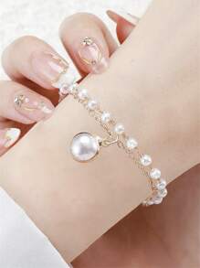 1入組白色PU聚氨酯帶休閒方形錶盤石英表和1入組人造珍珠裝飾手環,適用於日常生活 - 白色 - 查看 4