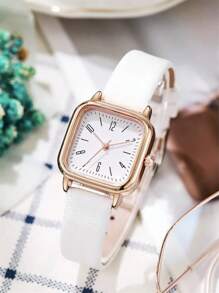1入組白色PU聚氨酯帶休閒方形錶盤石英表和1入組人造珍珠裝飾手環,適用於日常生活 - 白色 - 查看 5