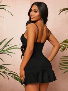 SHEIN SXY Áo liền quần nữ Cắt ra Viên lá sen Thắt nơ trước màu trơn Gợi cảm - màu đen - Xem 2