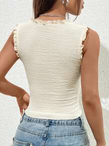 SHEIN EZwear Áo khoác và áo lót dành cho xe tăng nữ viền lá sen Thắt nút Xù nhỏ màu trơn Giải trí - Màu be - Xem 3