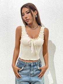 SHEIN EZwear Áo khoác và áo lót dành cho xe tăng nữ viền lá sen Thắt nút Xù nhỏ màu trơn Giải trí - Màu be - Xem 5
