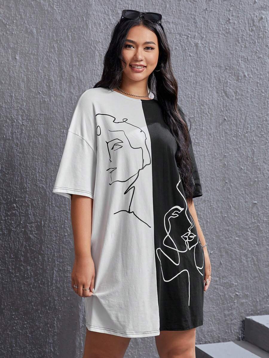 SHEIN EZwear Đầm Plus Size Khối Màu Con số Giải trí - Đen và trắng - Xem 1