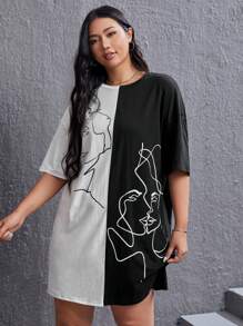 SHEIN EZwear Đầm Plus Size Khối Màu Con số Giải trí - Đen và trắng - Xem 5