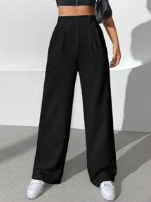 SHEIN EZwear Solid Wide Leg Trousers - Black - View 1