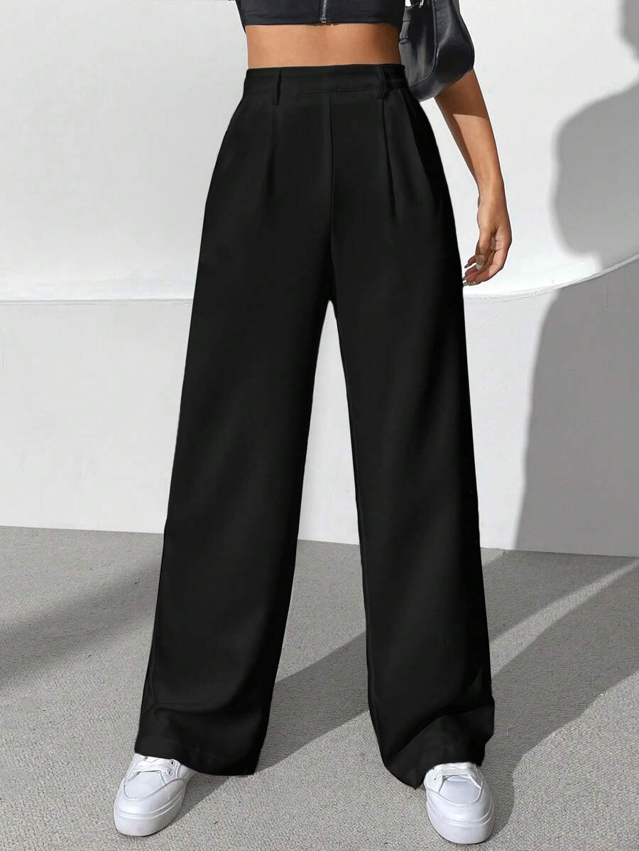 SHEIN EZwear Solid Wide Leg Trousers - Black - View 1