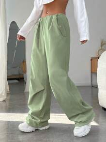 SHEIN EZwear 素色腰部抽繩闊腿褲 - 薄荷綠 - 查看 3