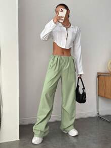SHEIN EZwear 素色腰部抽繩闊腿褲 - 薄荷綠 - 查看 4