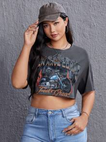 SHEIN Coolane Plus Motorcycle & Letter Graphic Drop Shoulder Crop Tee - Dark Grey - View 1